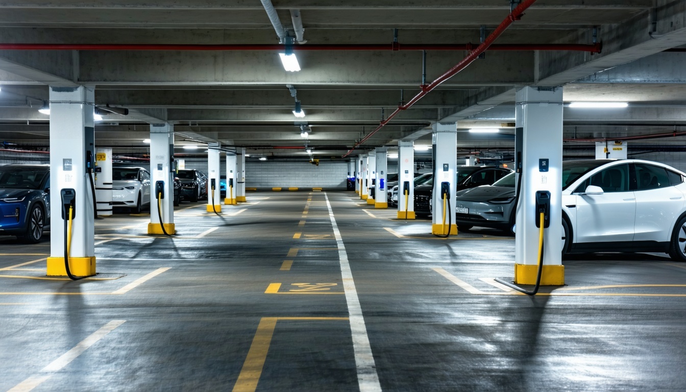 underground parking lot with multiple evs that are currently charging-1 underground parking lot with multiple evs that are currently charging-1
